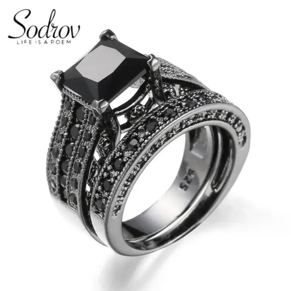 Jewelry - SODROV Vintage Black Gold Plated Black Zircon Jewelry Ring Sets for Women